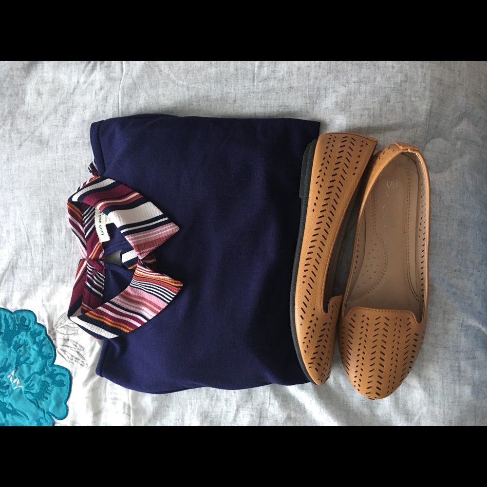 Navy blue, collared blouse.